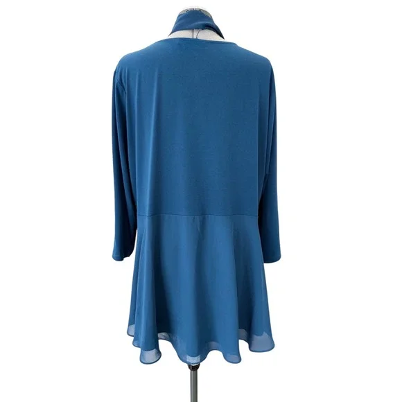 Susan Graver Teal Blue Tie Neck Mixed Media Chiffon Hem Tunic Top XL - Picture 3 of 7